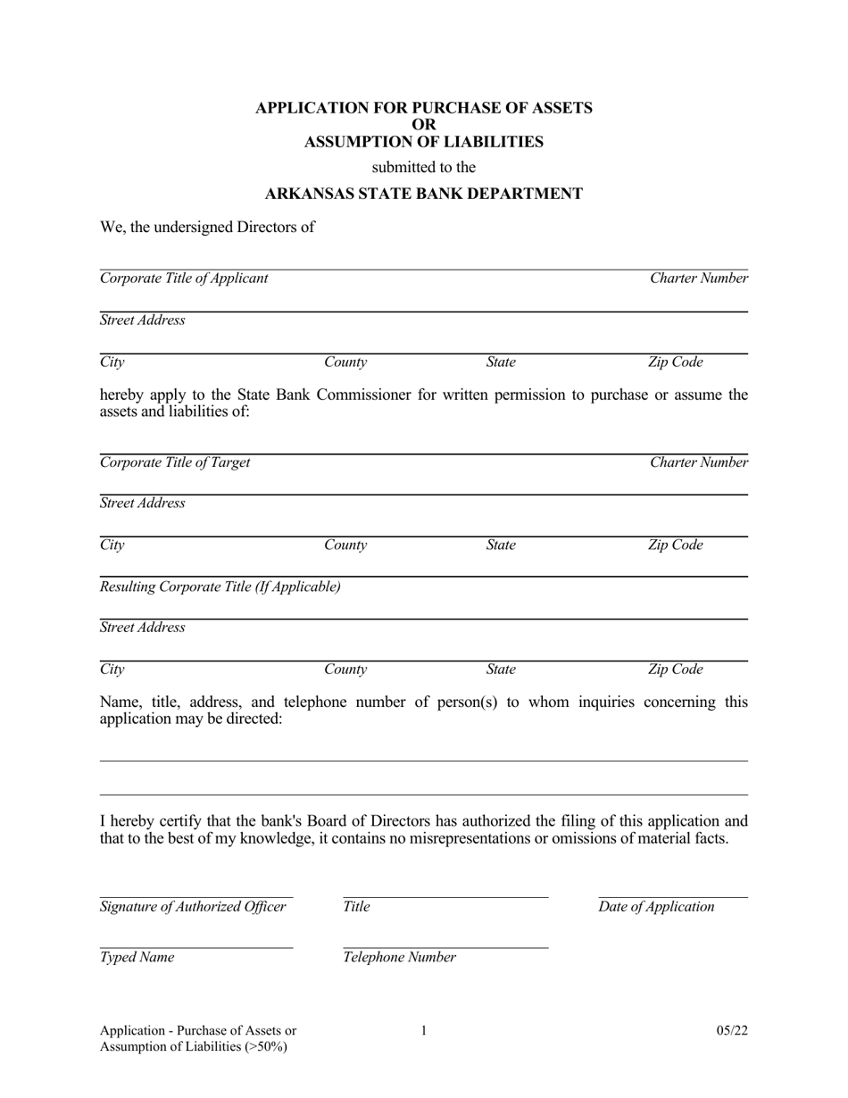 Application for Purchase of Assets or Assumption of Liabilities - Arkansas, Page 1