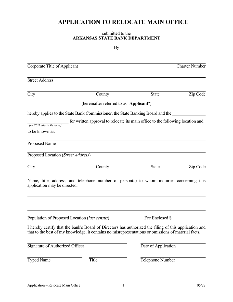 Application to Relocate Main Office - Arkansas, Page 1