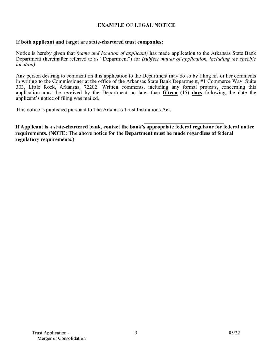 Application for Merger or Consolidation of a State-Chartered Trust Company - Arkansas, Page 9