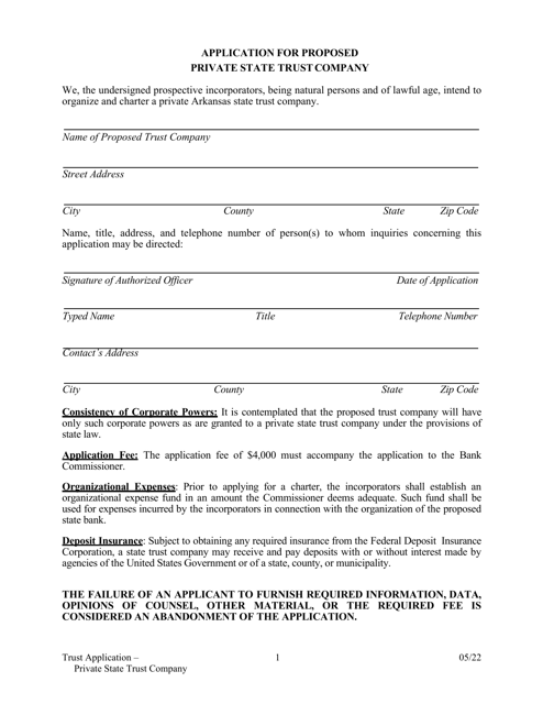 Application for Proposed Private State Trust Company - Arkansas