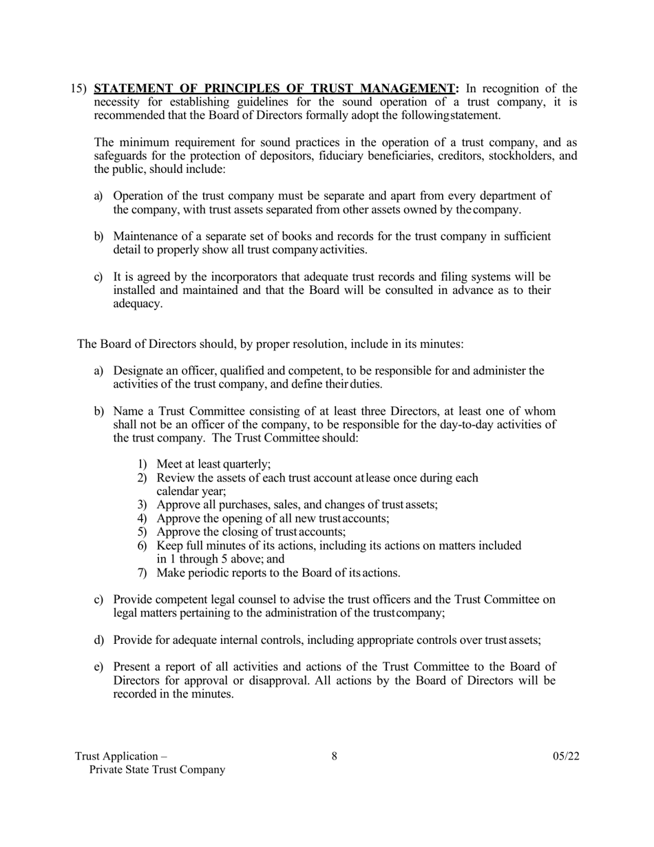 Application for Proposed Private State Trust Company - Arkansas, Page 8