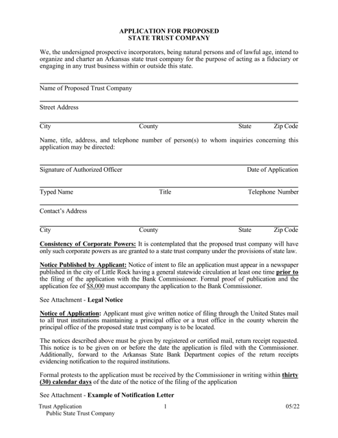 Application for Proposed State Trust Company - Arkansas Download Pdf