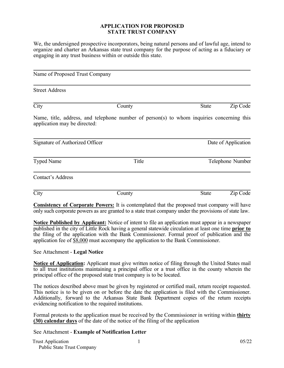 Application for Proposed State Trust Company - Arkansas, Page 1