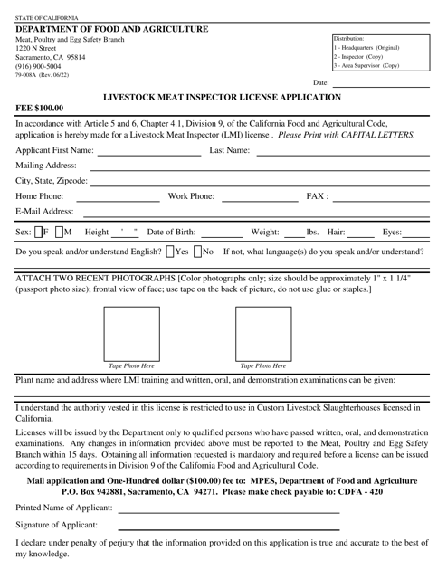 Form 79-008A Livestock Meat Inspector License Application - California