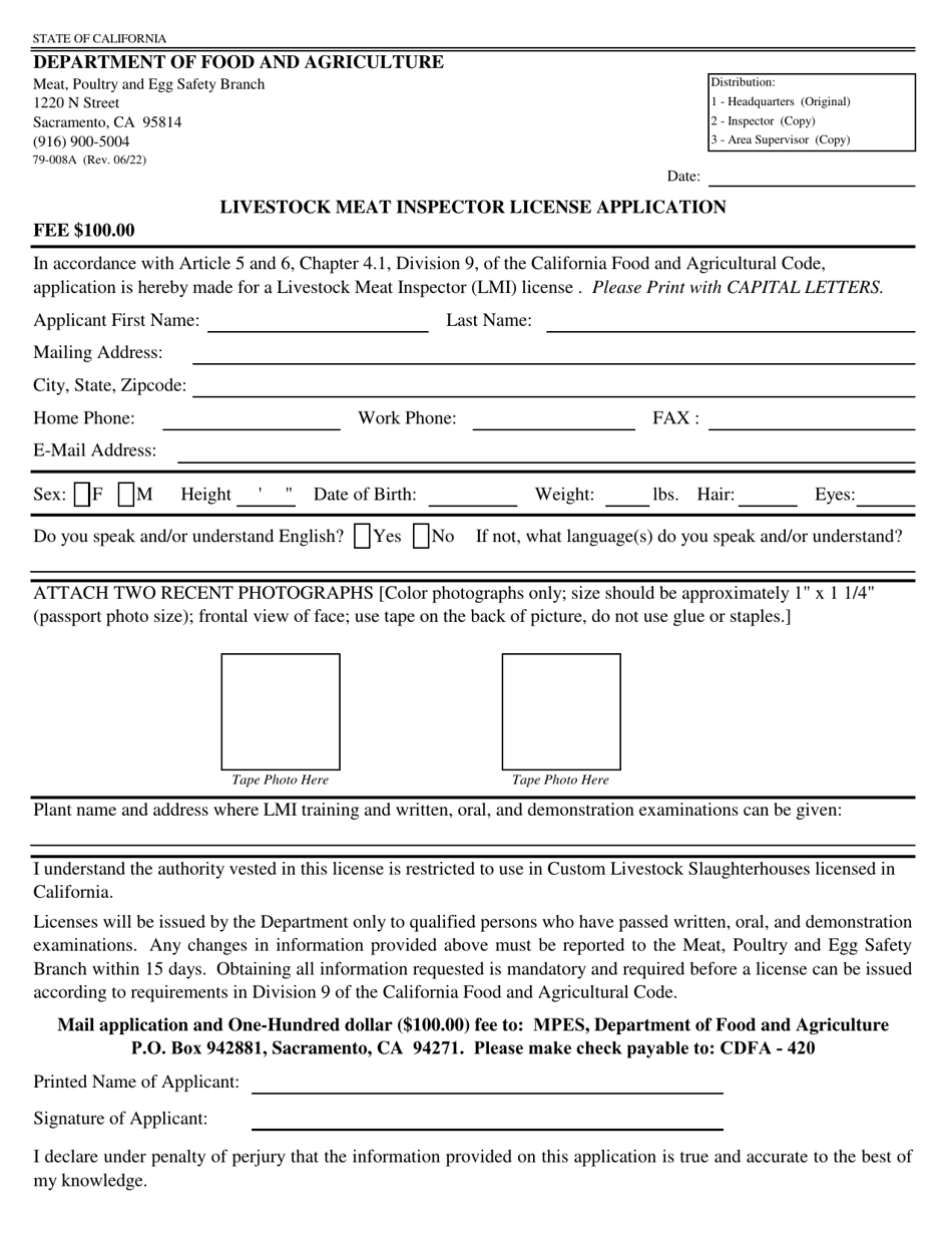 Form 79-008A Livestock Meat Inspector License Application - California, Page 1