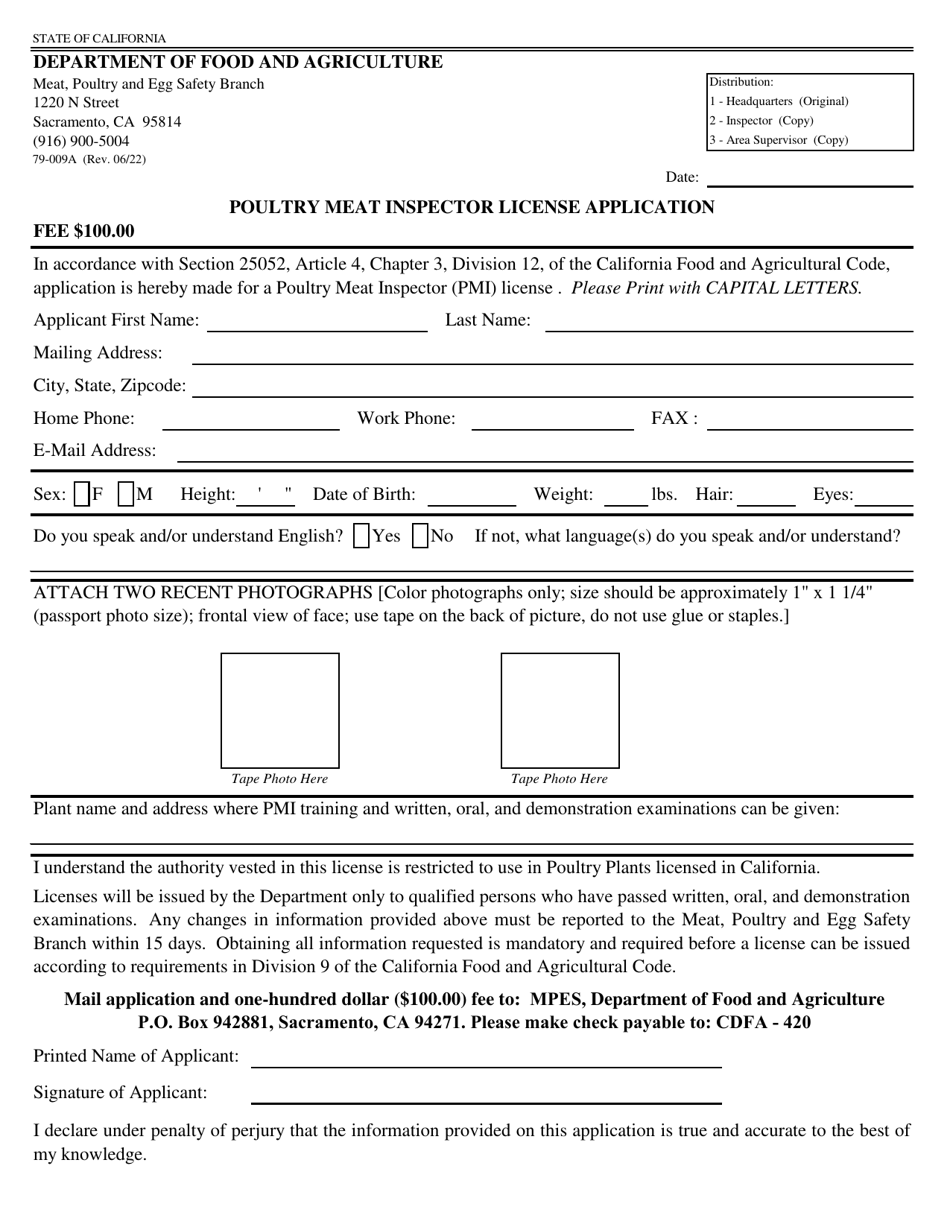 Form 79-009A Poultry Meat Inspector License Application - California, Page 1