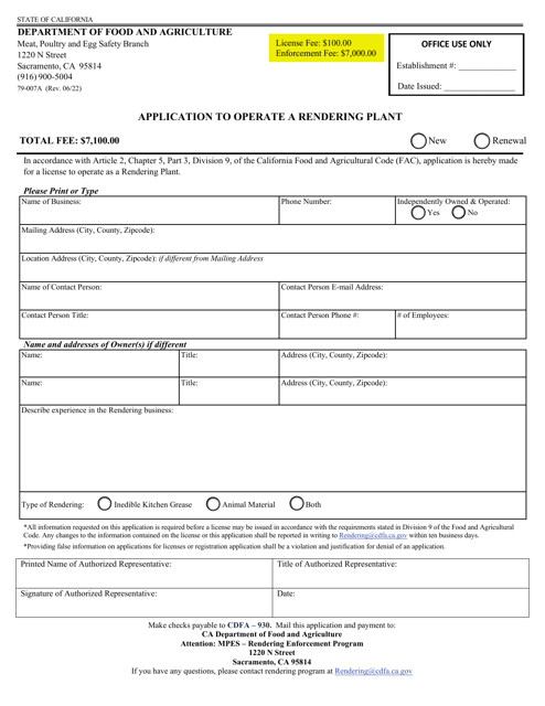 Form 79-007A Application to Operate a Rendering Plant - California