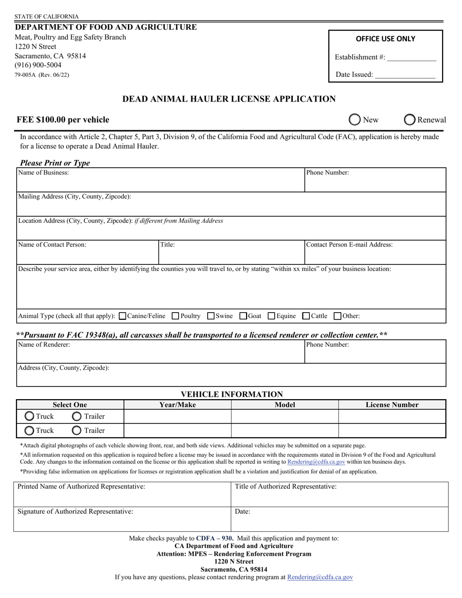 Form 79-005A Download Fillable PDF or Fill Online Dead Animal Hauler ...