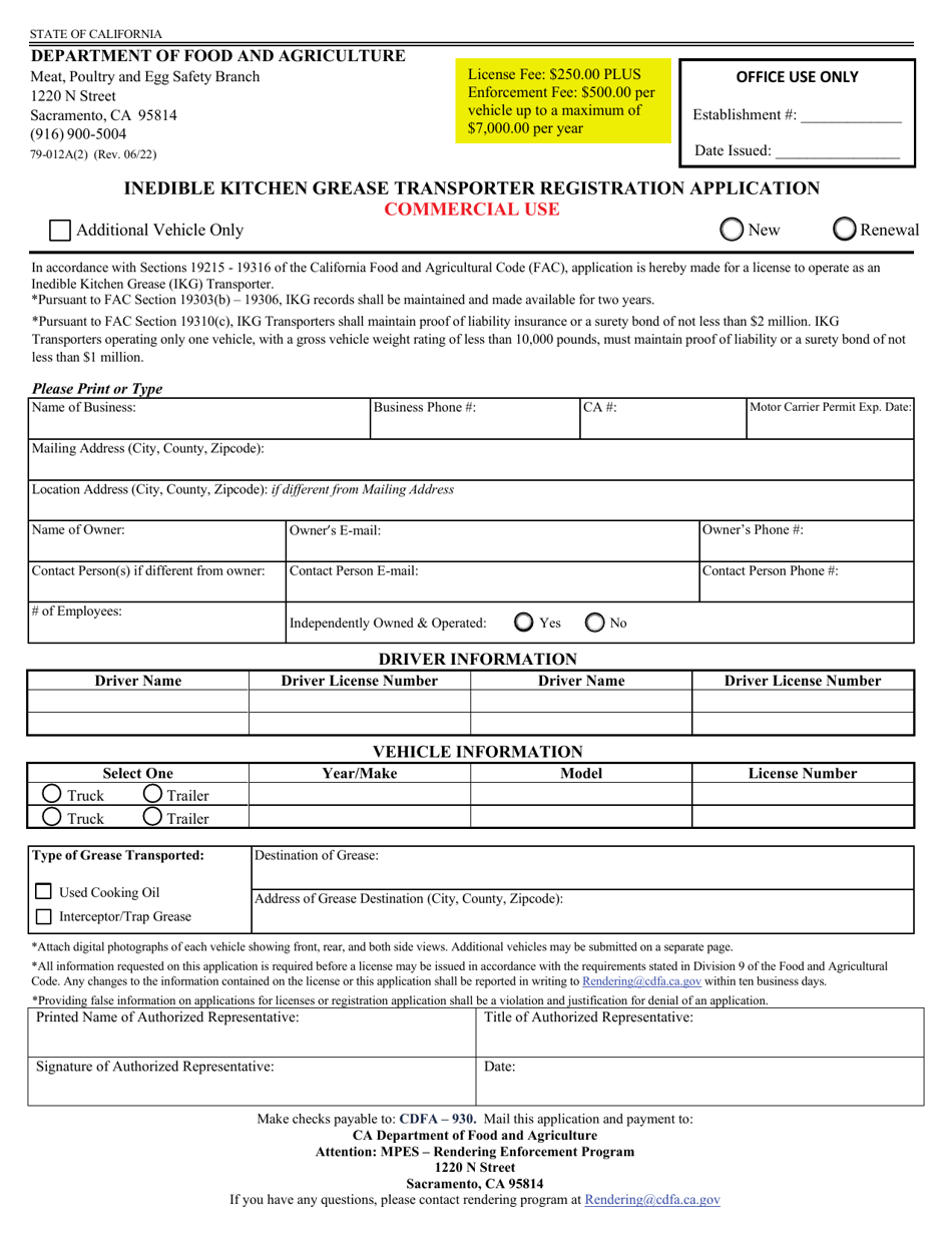 Form 79-012A(2) Inedible Kitchen Grease Transporter Registration Application - Commercial Use - California, Page 1
