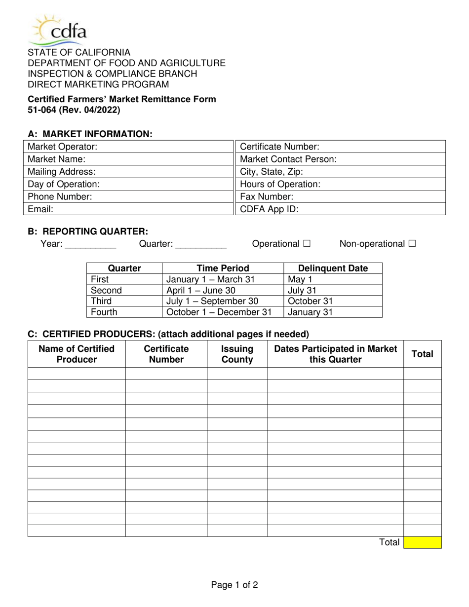 Form 51-064 Certified Farmers Market Remittance Form - California, Page 1