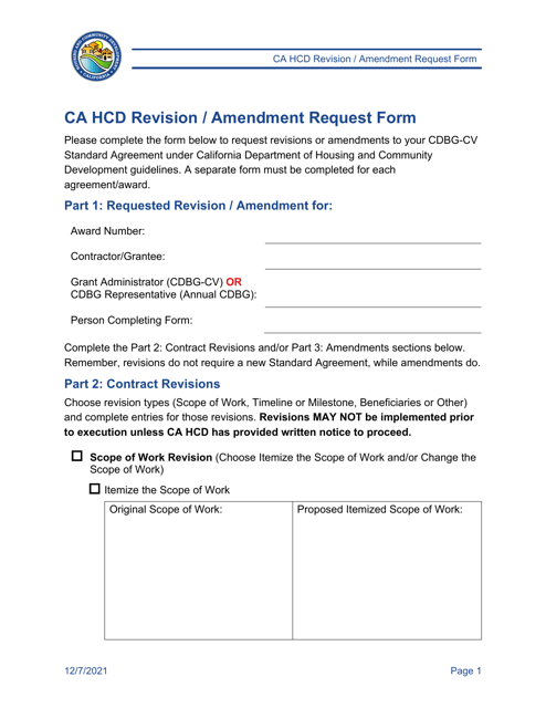 Ca Hcd Revision / Amendment Request Form - California Download Pdf