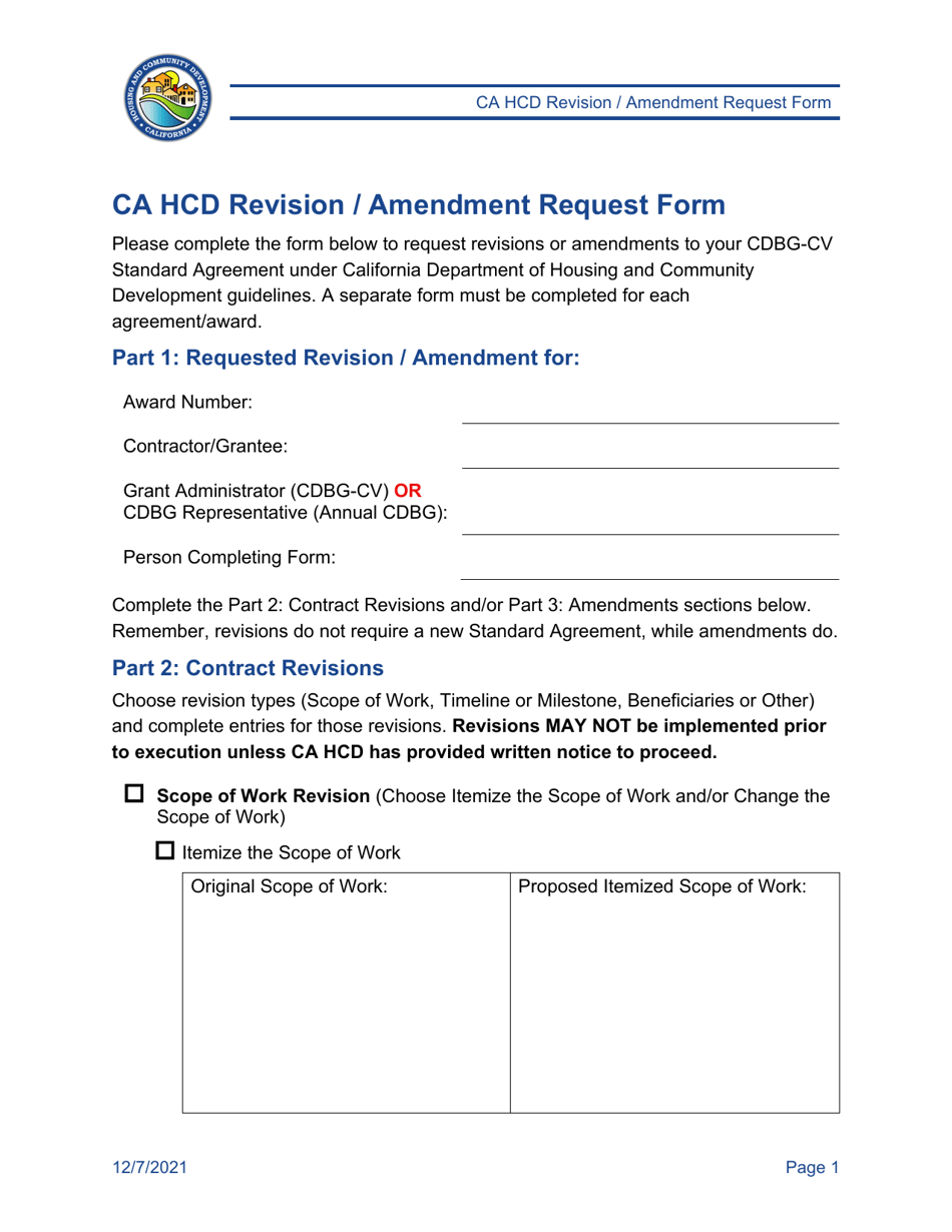 Ca Hcd Revision / Amendment Request Form - California, Page 1
