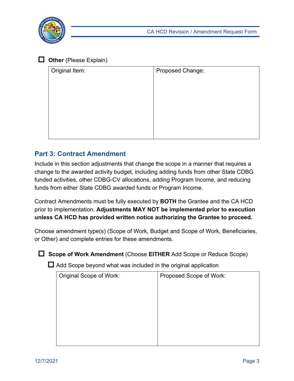 Ca Hcd Revision / Amendment Request Form - California, Page 3
