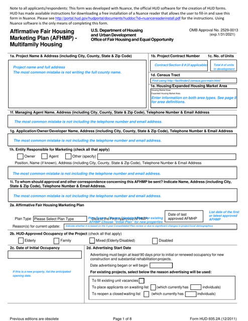 Instructions for Form HUD-935.2A Affirmative Fair Housing Marketing Plan (Afhmp) - Multifamily Housing - California