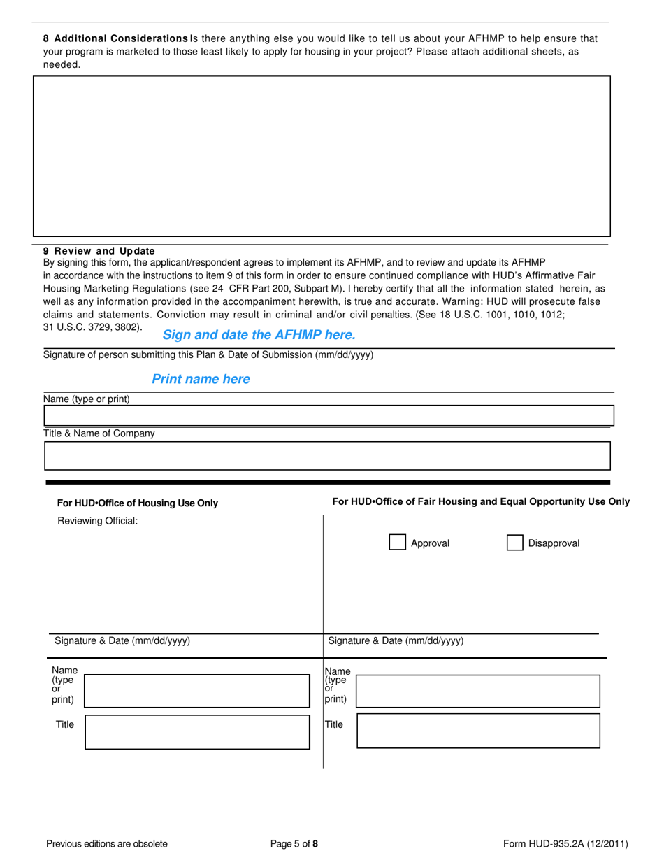Instructions for Form HUD-935.2A Affirmative Fair Housing Marketing Plan (Afhmp) - Multifamily Housing - California, Page 5