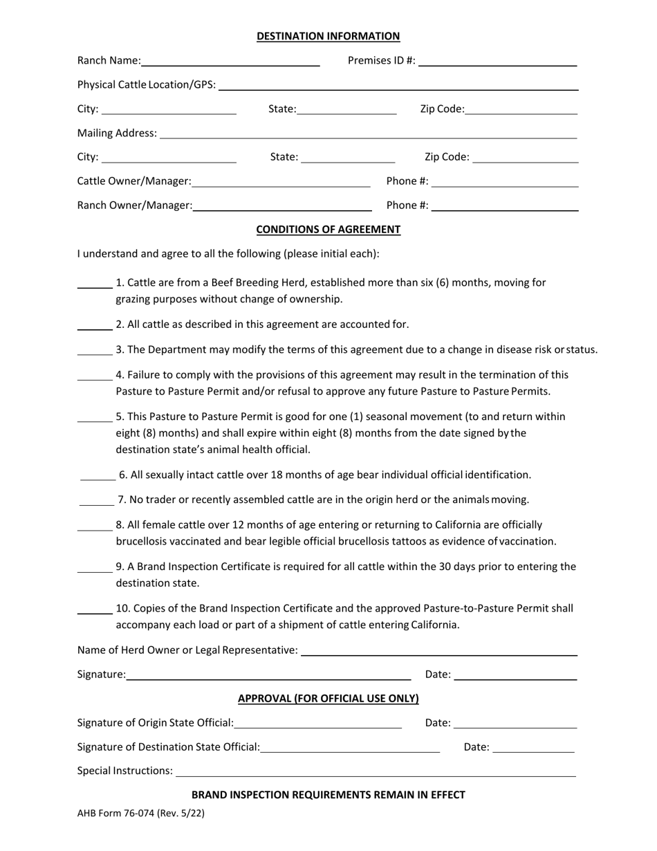AHB Form 76-074 Pasture-To-Pasture Permit - California, Page 2