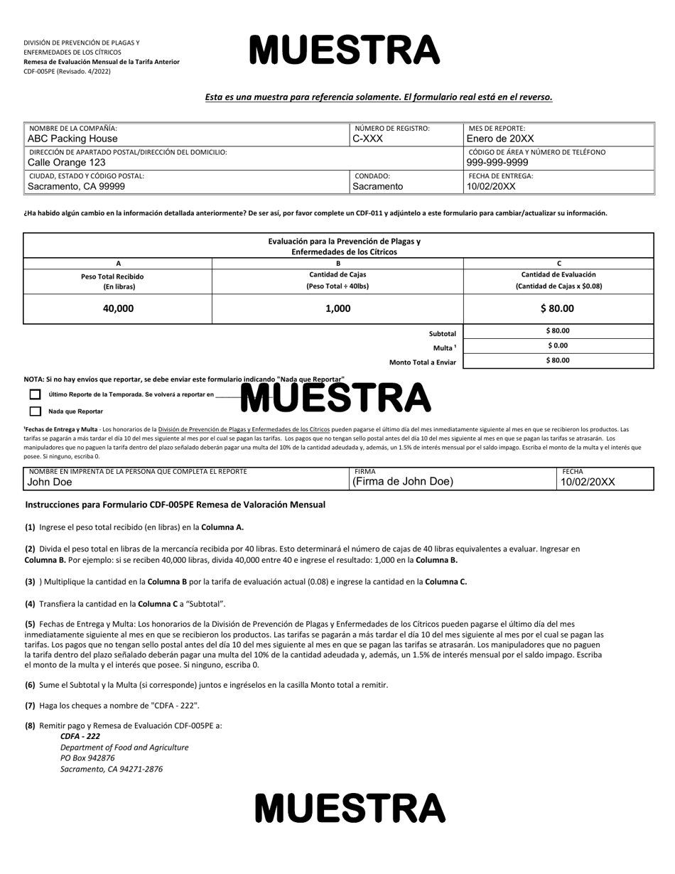 Formulario CDF-005PE Prevencion De Plagas Y Enfermedades De Los Citricos Remesa De Evaluacion Mensual De La Tarifa Anterior - California (Spanish), Page 2