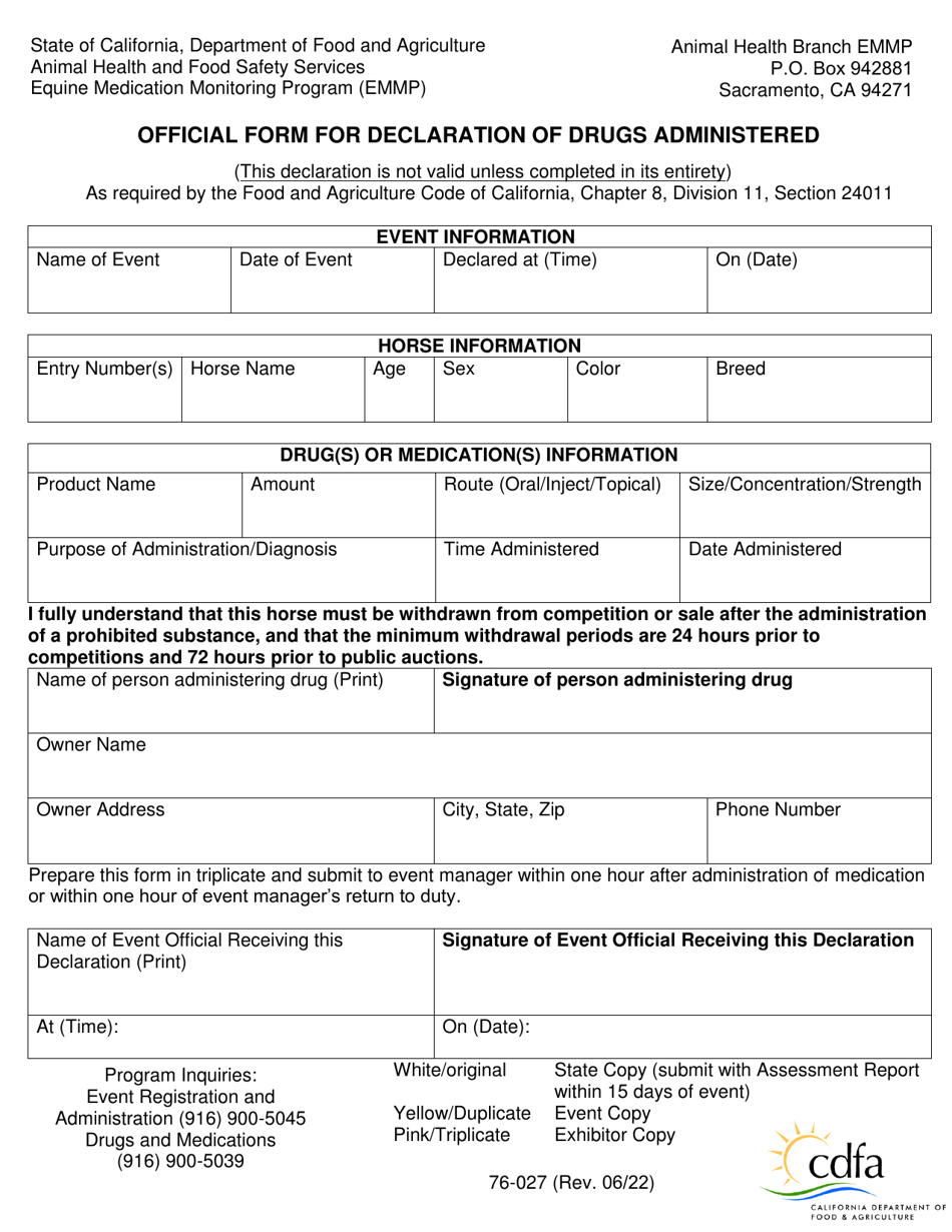 Form 76-027 Official Form for Declaration of Drugs Administered - California, Page 1