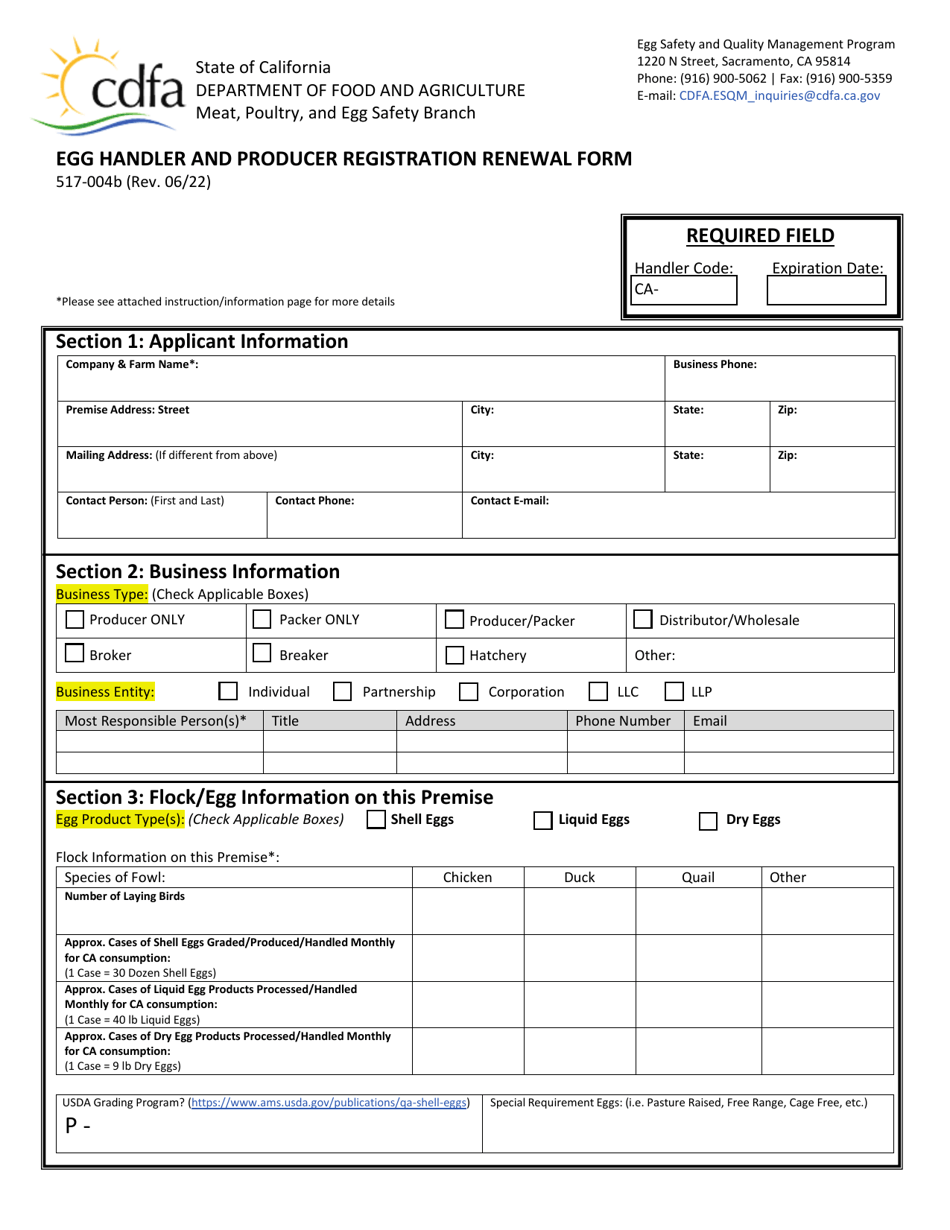 Form 517-004B Egg Handler and Producer Registration Renewal Form - California, Page 1