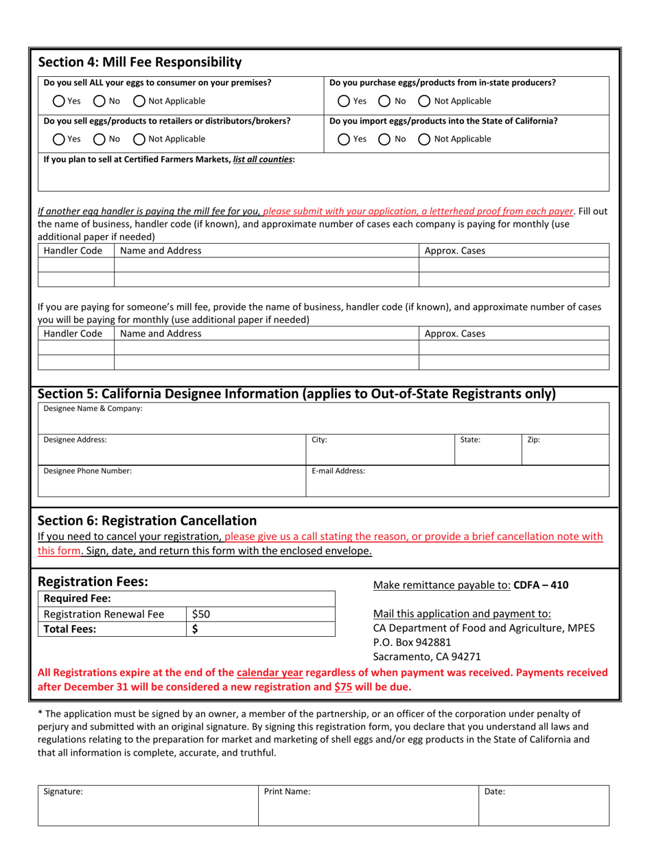 Form 517-004B Egg Handler and Producer Registration Renewal Form - California, Page 2