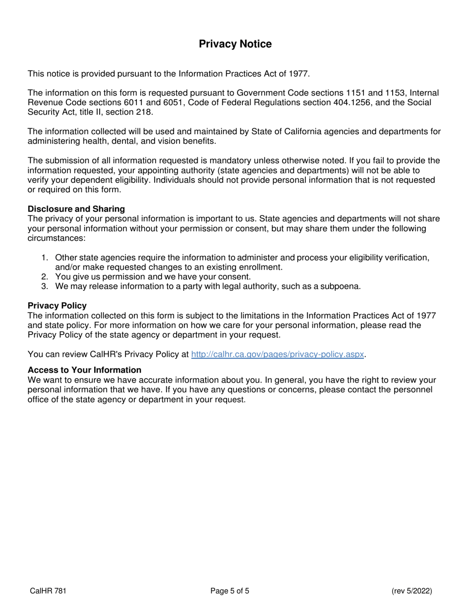 Form CALHR781 Dependent Eligibility Verification Checklist - California, Page 5