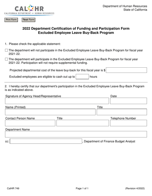 Form CALHR749 Department Certification of Funding and Participation Form - Excluded Employee Leave Buy-Back Program - California, 2022