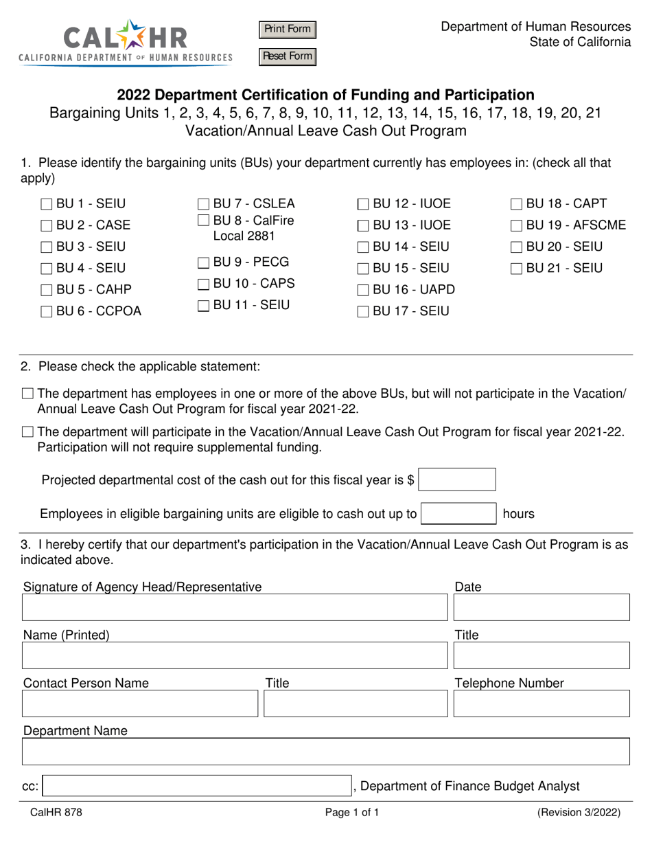 Form CALHR878 Department Certification of Funding and Participation - Vacation / Annual Leave Cash out Program - California, Page 1