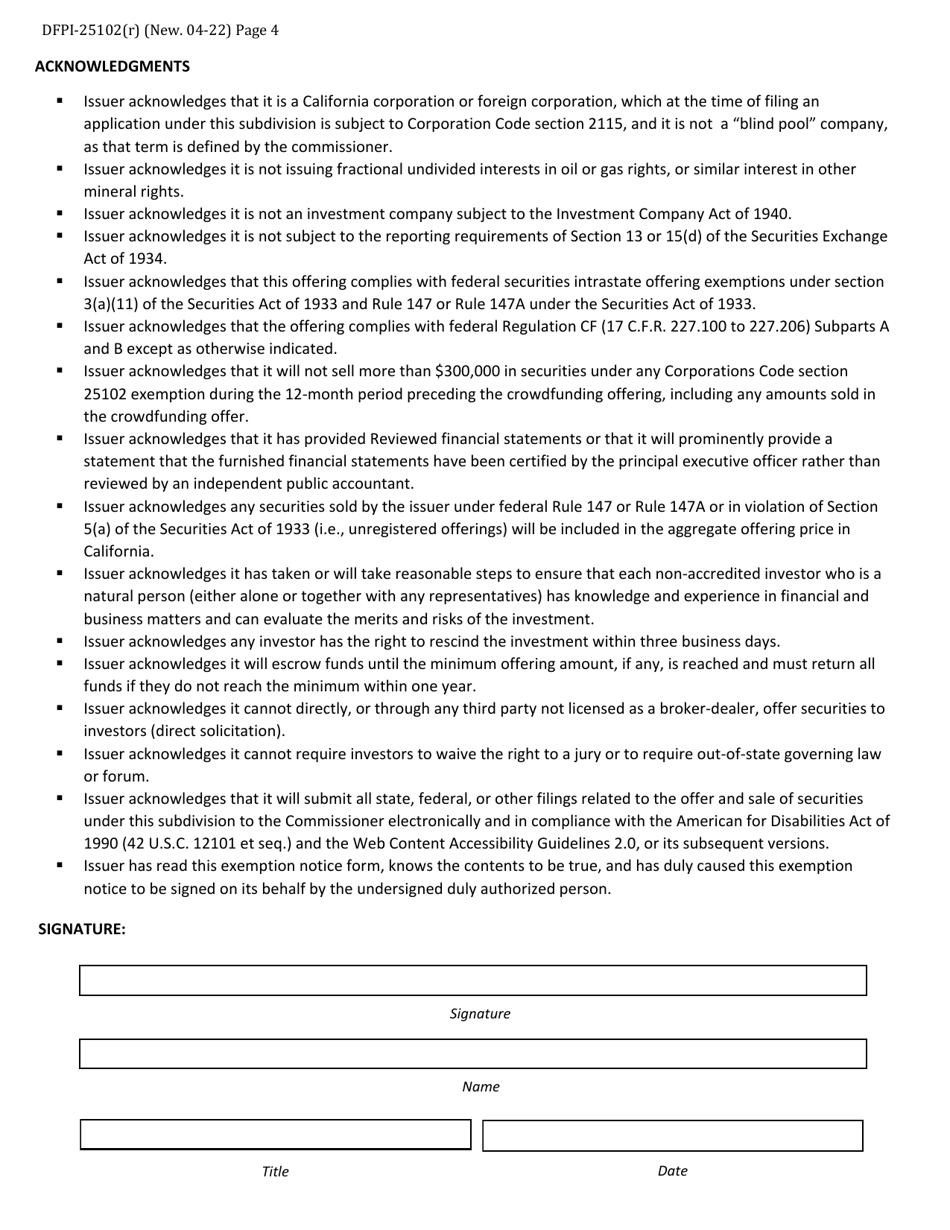 Form DFPI-25102(R) California Crowdfunding Exemption Notice Pursuant to Corporations Code Section 25102(R) - California, Page 4