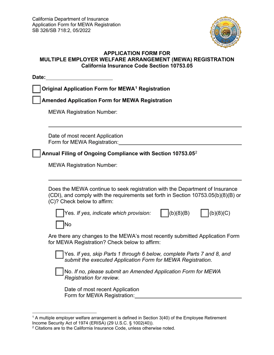 Form SB326 (SB718:2) Application Form for Multiple Employer Welfare Arrangement (Mewa) Registration - California, Page 1