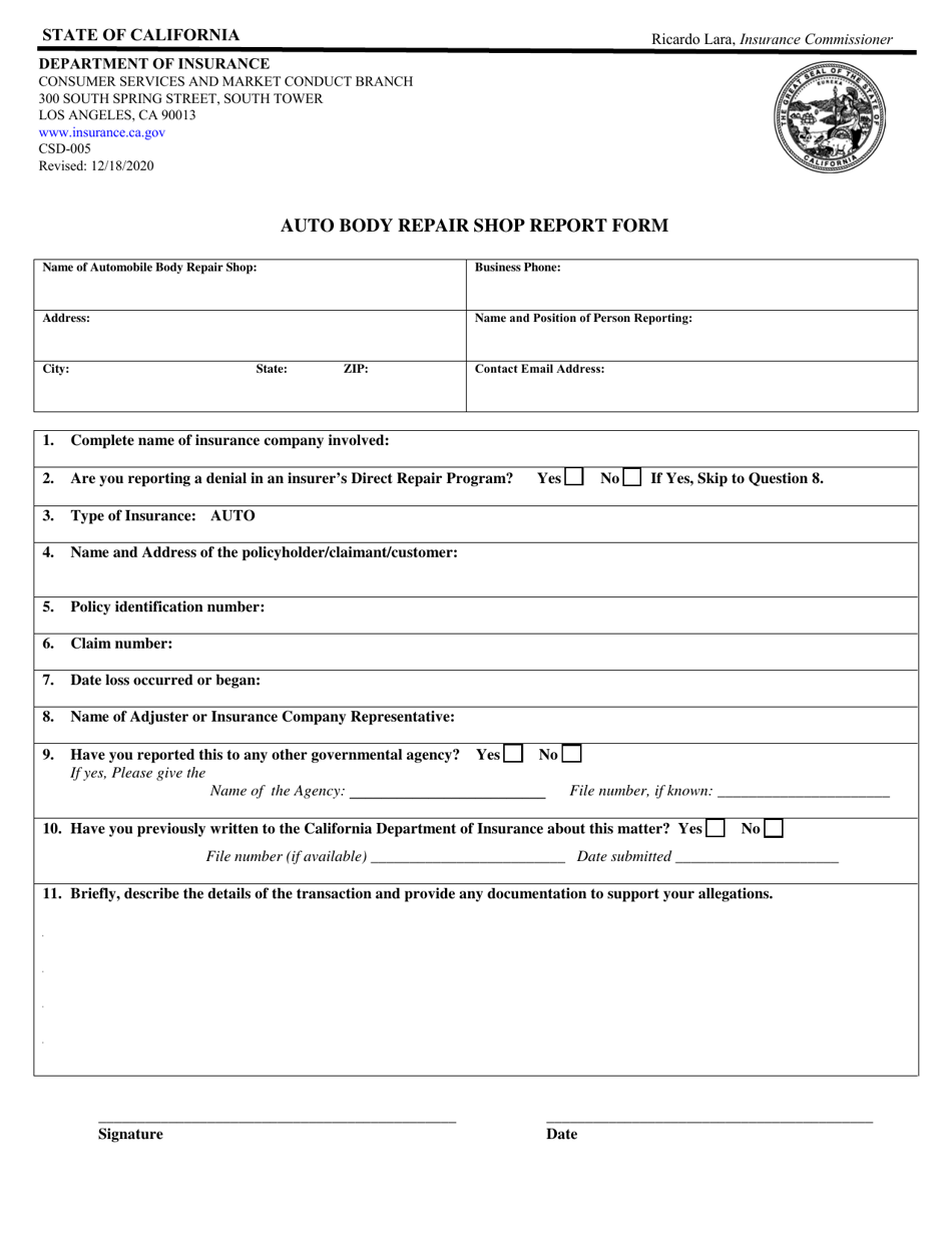 Form CSD-005 Auto Body Repair Shop Report Form - California, Page 1