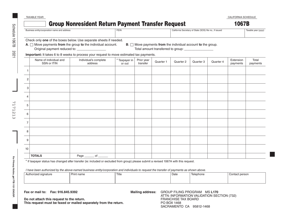 Schedule 1067B Group Nonresident Return Payment Transfer Request - California, Page 1