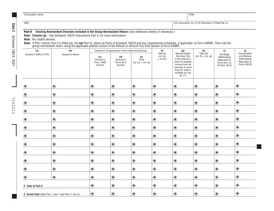 Schedule 1067A Nonresident Group Return Schedule - California, Page 2