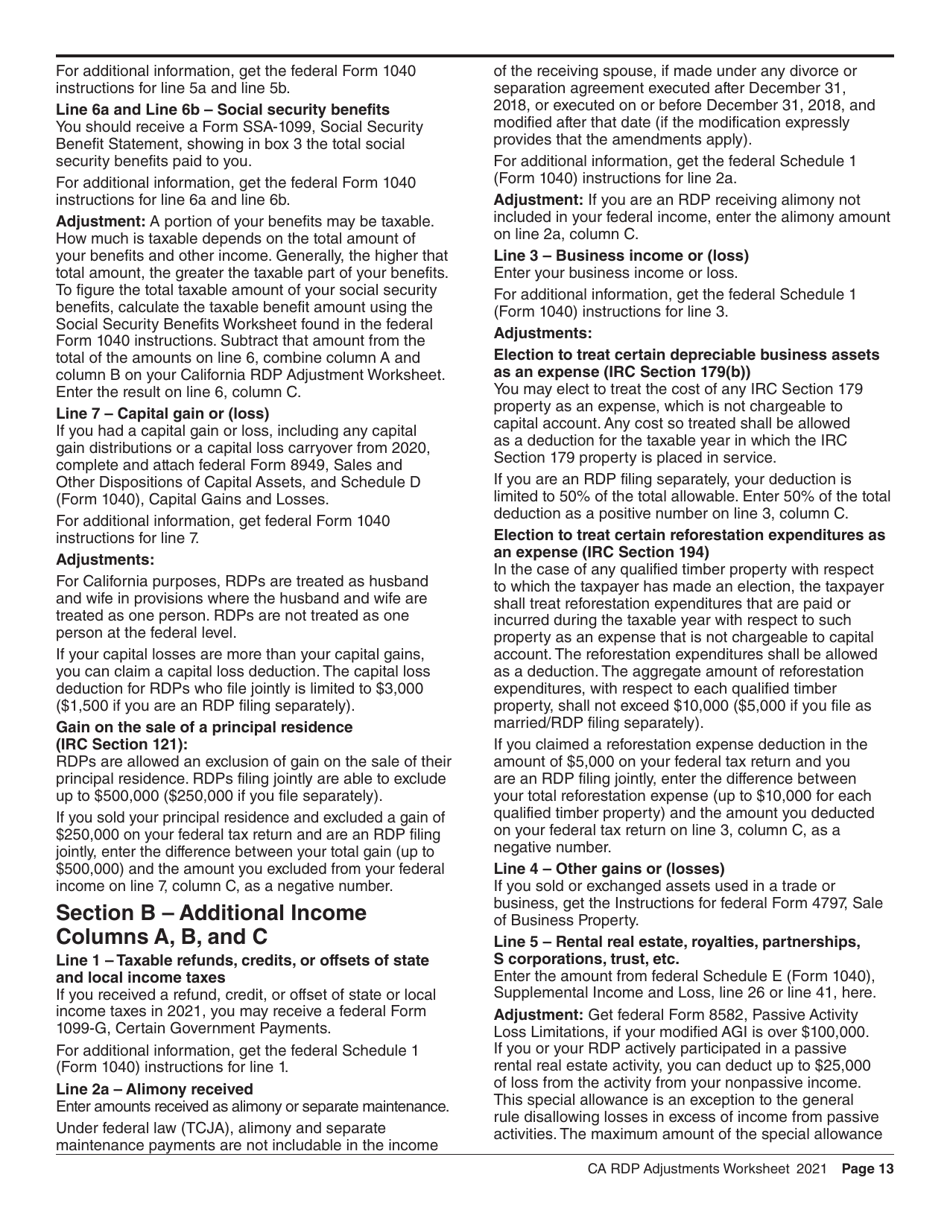 Form FTB737 California Rdp Adjustments Worksheet - Recalculated Federal Adjusted Gross Income - California, Page 13