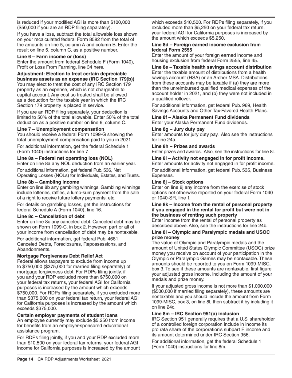 Form FTB737 California Rdp Adjustments Worksheet - Recalculated Federal Adjusted Gross Income - California, Page 14