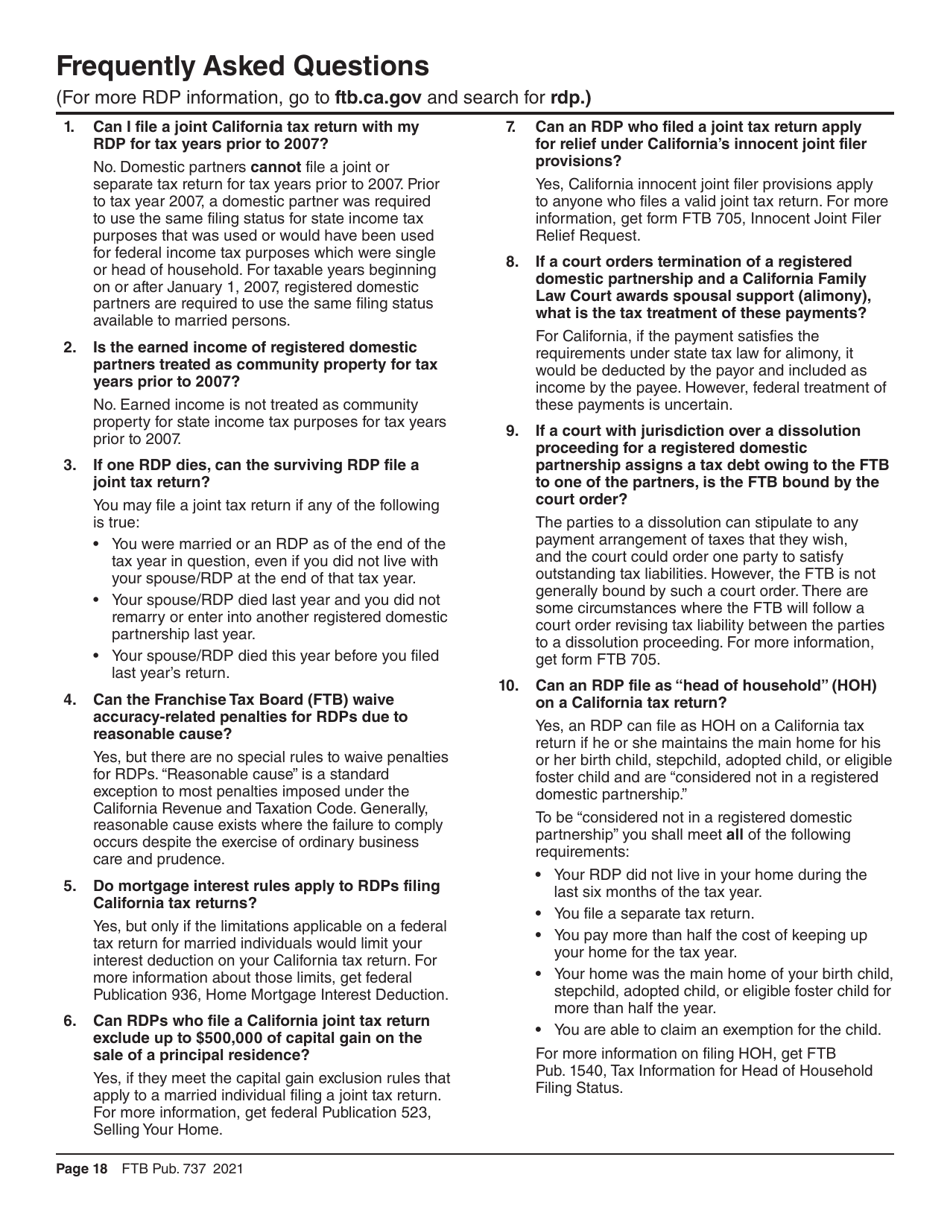 Form FTB737 California Rdp Adjustments Worksheet - Recalculated Federal Adjusted Gross Income - California, Page 18