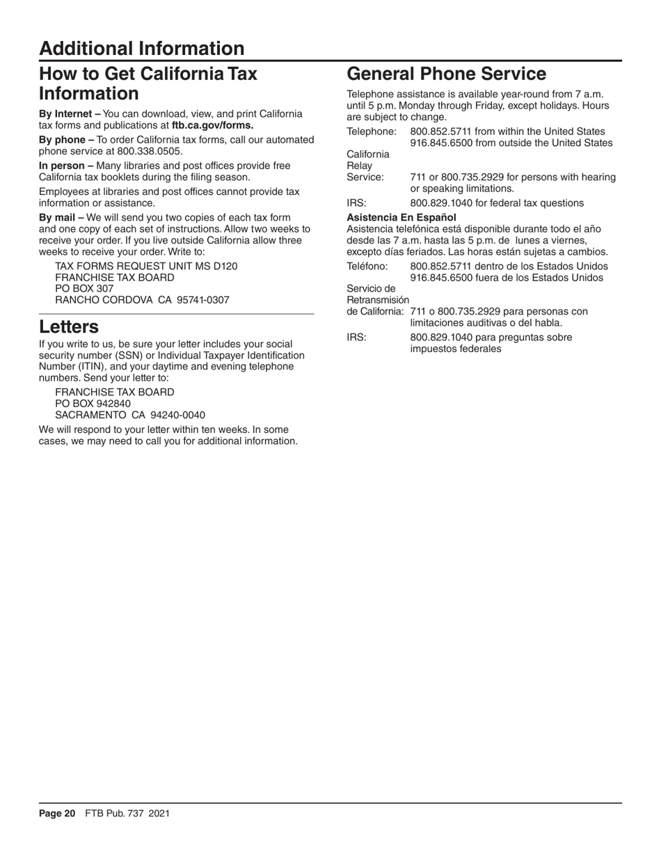 Form FTB737 California Rdp Adjustments Worksheet - Recalculated Federal Adjusted Gross Income - California, Page 20