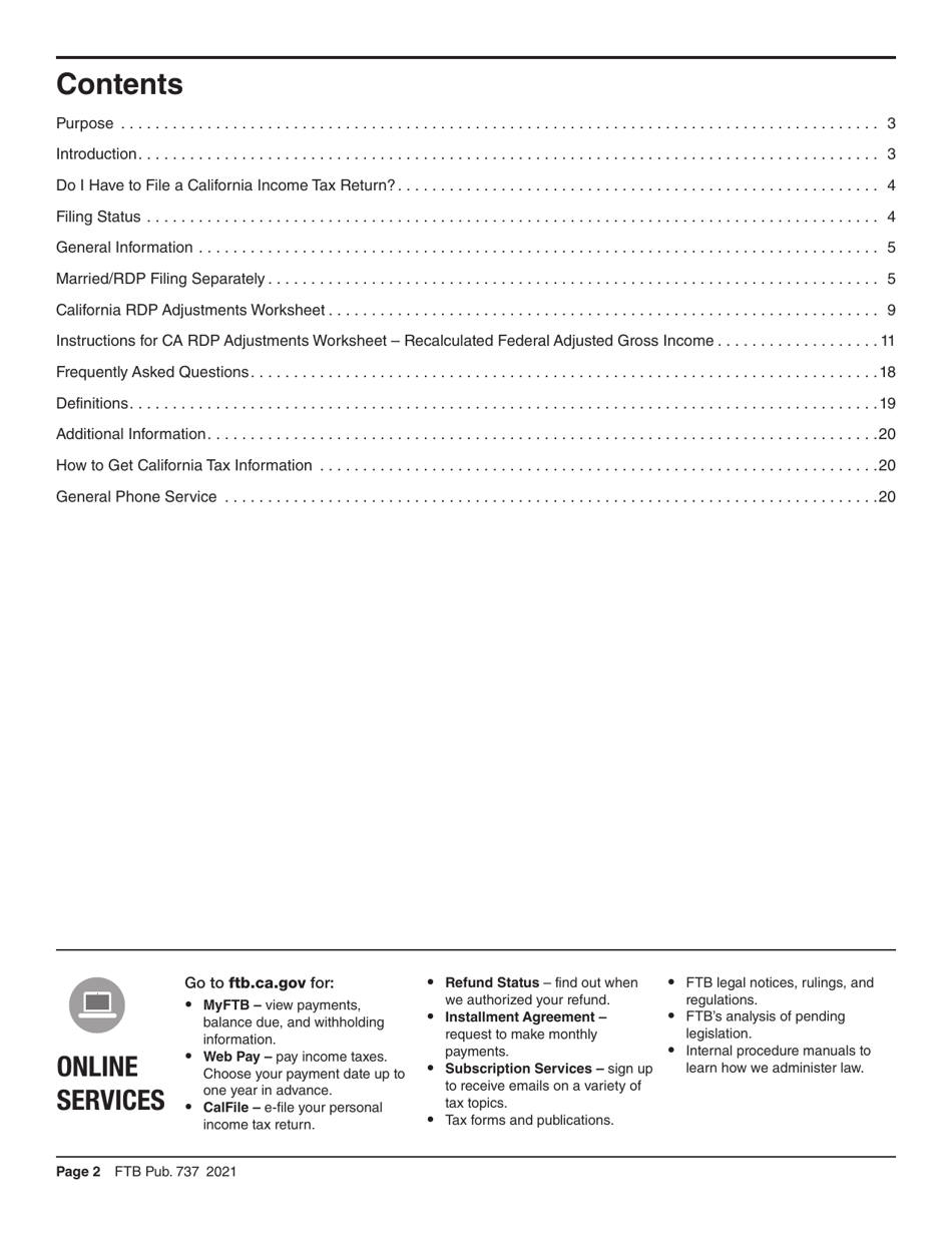 Form FTB737 California Rdp Adjustments Worksheet - Recalculated Federal Adjusted Gross Income - California, Page 2
