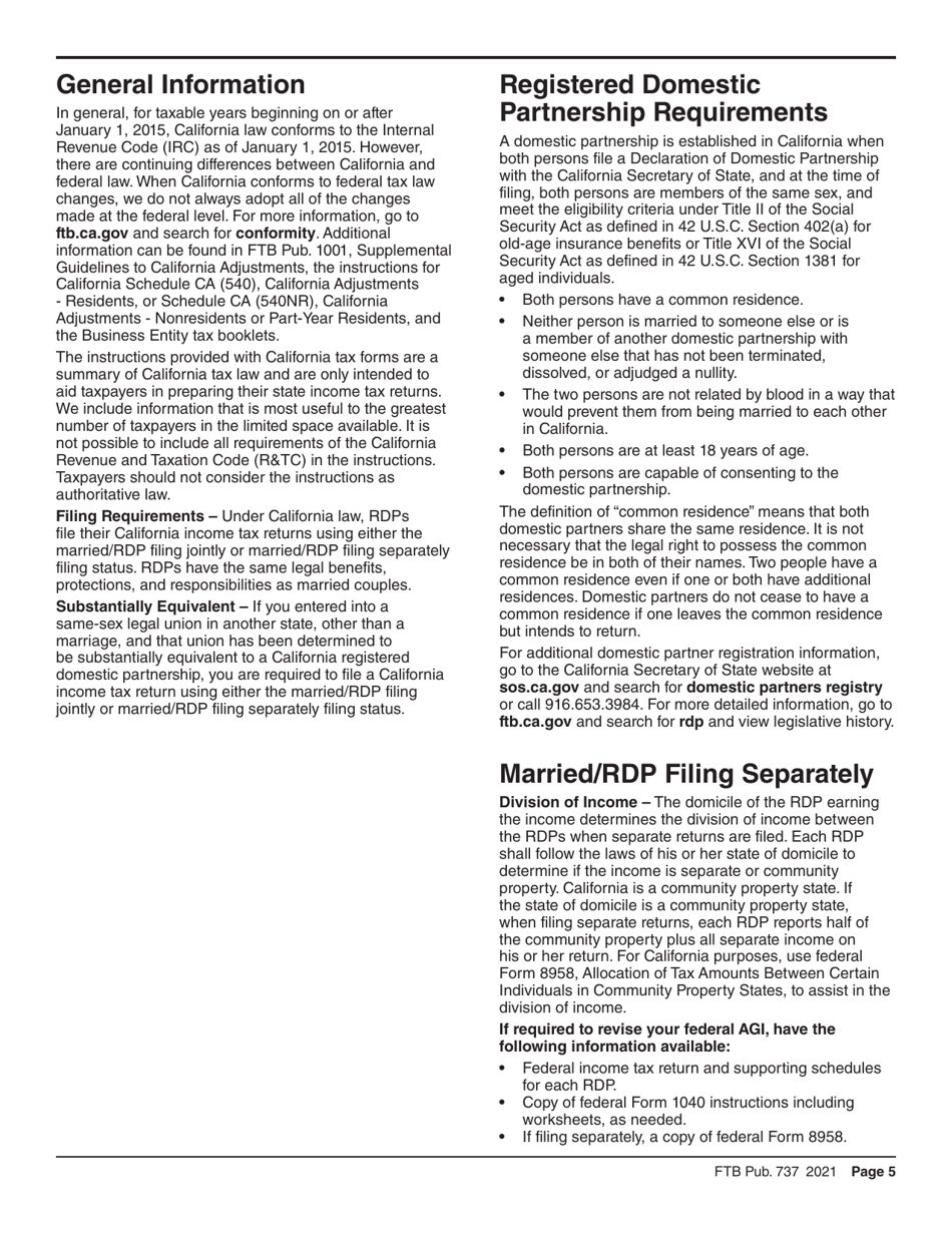 Form FTB737 California Rdp Adjustments Worksheet - Recalculated Federal Adjusted Gross Income - California, Page 5