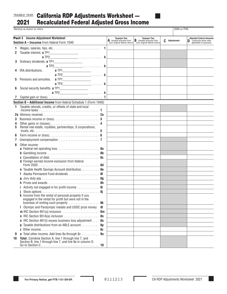Form FTB737 California Rdp Adjustments Worksheet - Recalculated Federal Adjusted Gross Income - California, Page 9