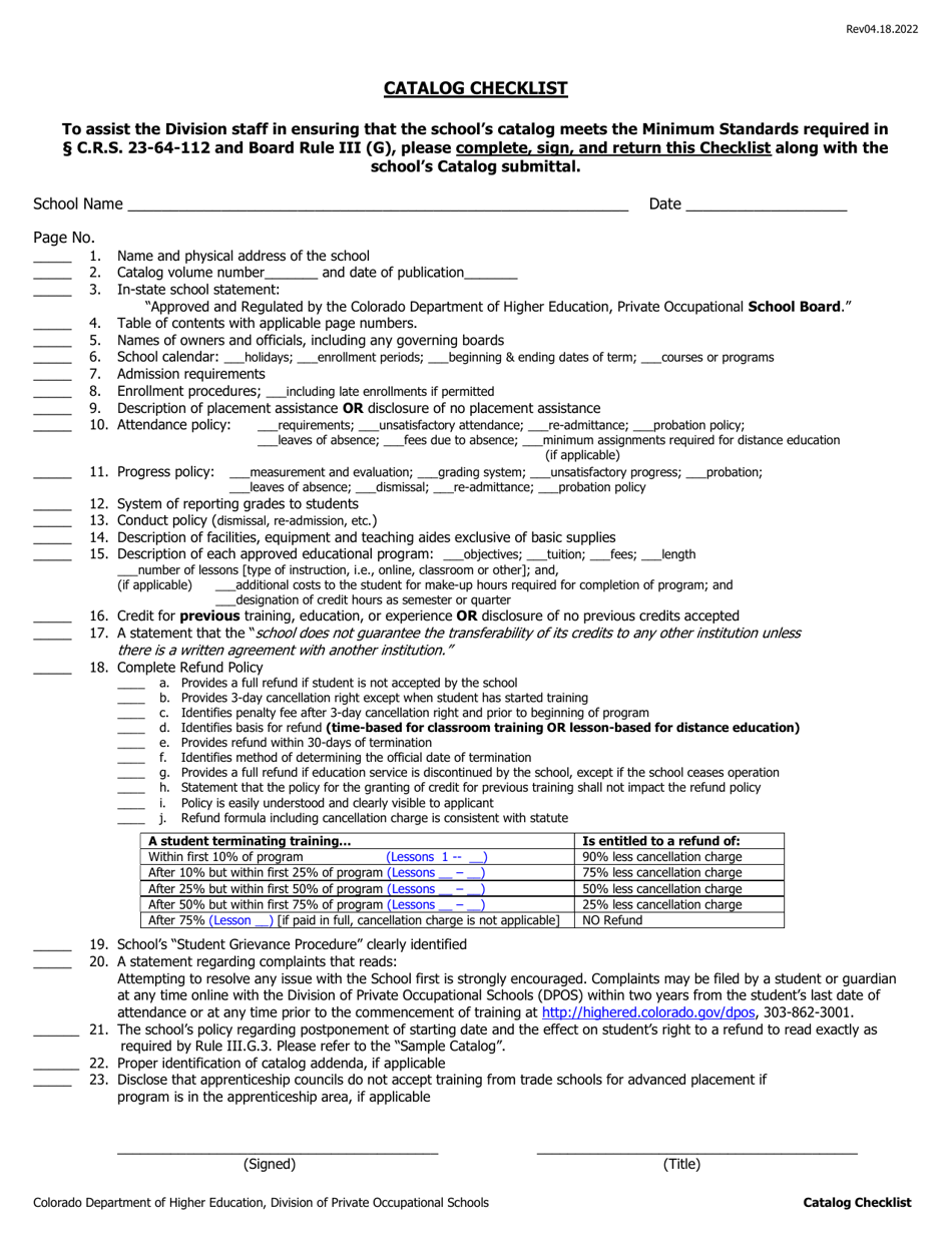 Catalog Checklist - in-State Schools - Colorado, Page 1