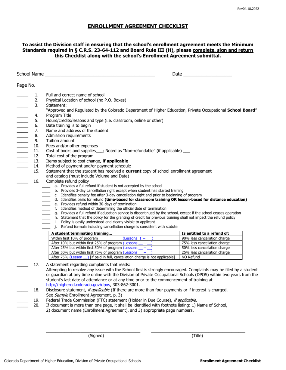 Enrollment Agreement Checklist - in-State Schools - Colorado, Page 1