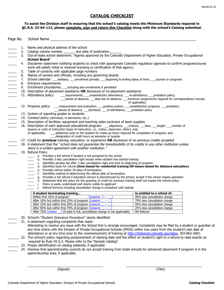Catalog Checklist - Out-of-State Schools - Colorado, Page 1