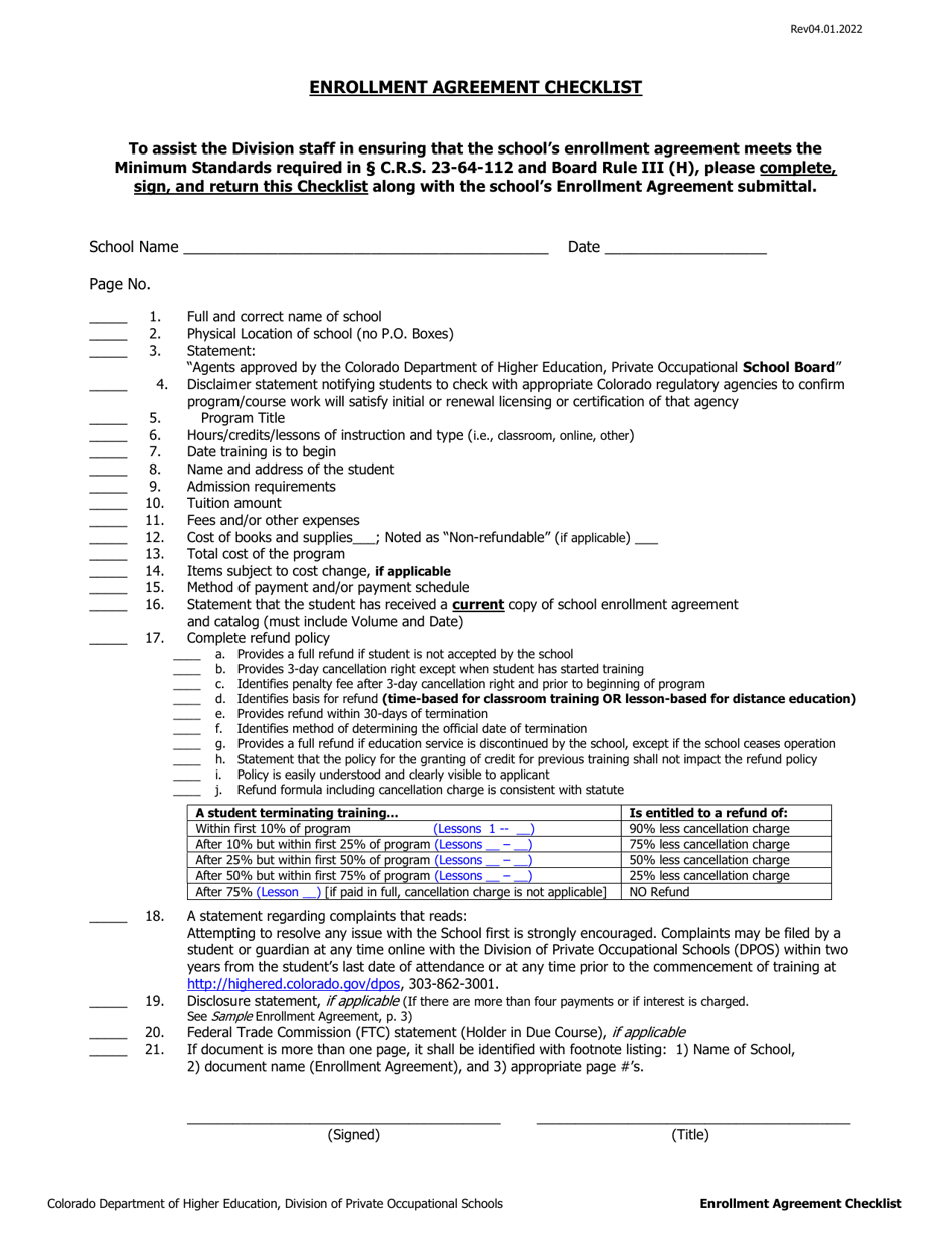 Enrollment Agreement Checklist - Out-of-State Schools - Colorado, Page 1