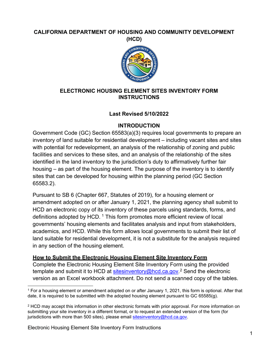 Download Instructions for Electronic Housing Element Sites Inventory