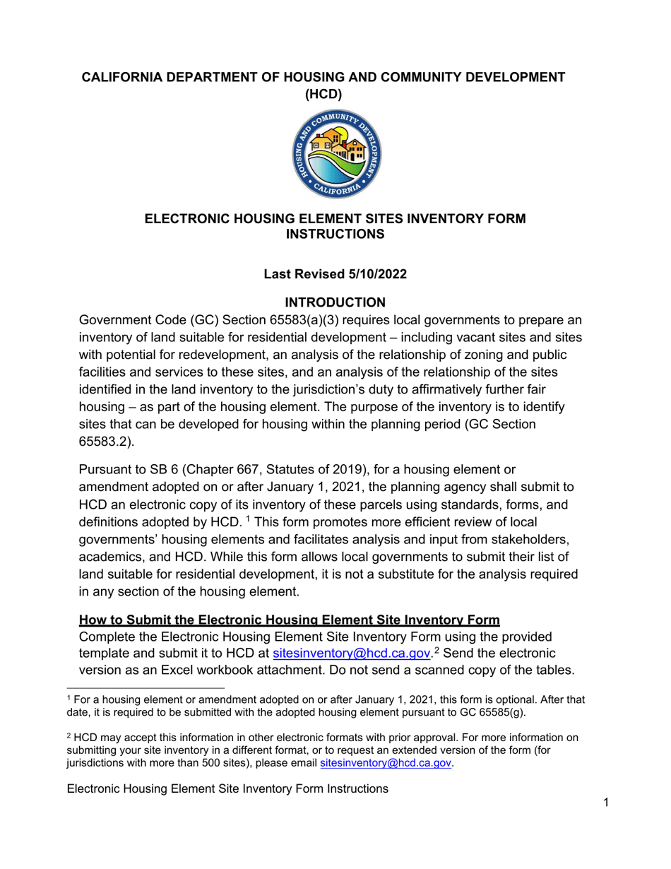 Instructions for Electronic Housing Element Sites Inventory Form - California, Page 1