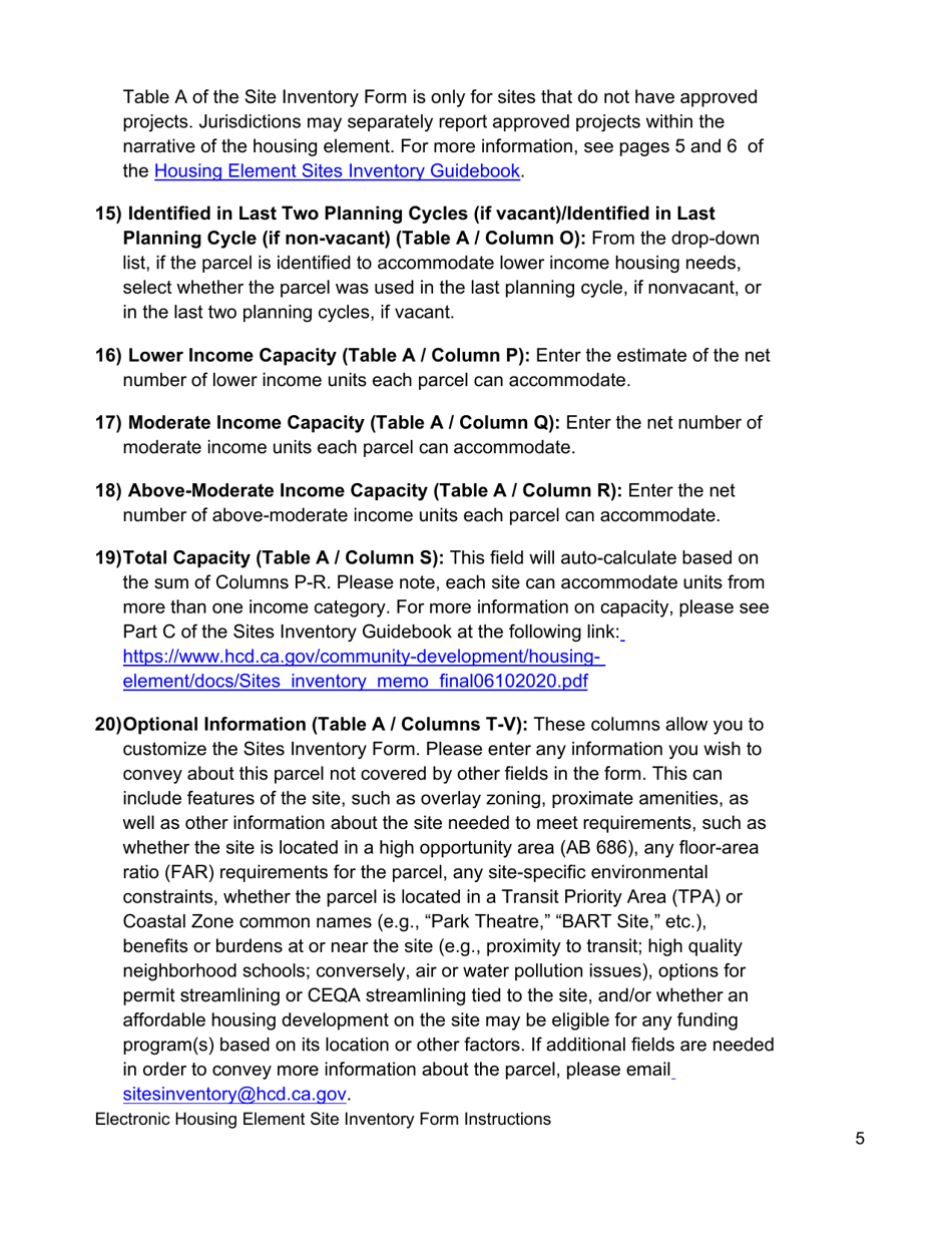 Instructions for Electronic Housing Element Sites Inventory Form - California, Page 5