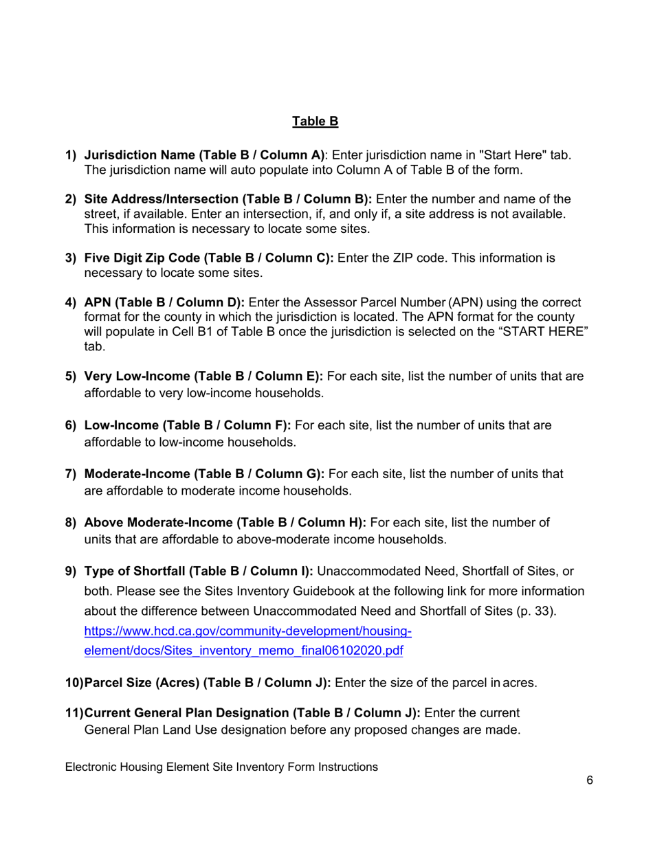 Instructions for Electronic Housing Element Sites Inventory Form - California, Page 6