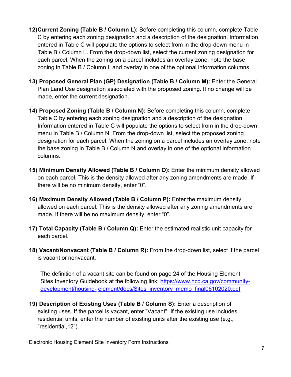 Instructions for Electronic Housing Element Sites Inventory Form - California, Page 7