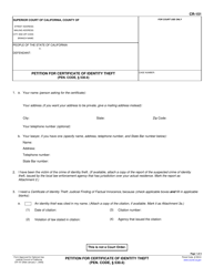 Document preview: Form CR-151 Petition for Certificate of Identity Theft - California