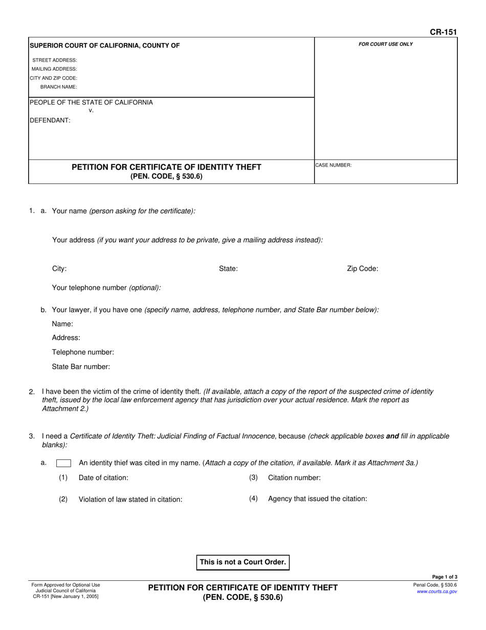 Form CR-151 Petition for Certificate of Identity Theft - California, Page 1